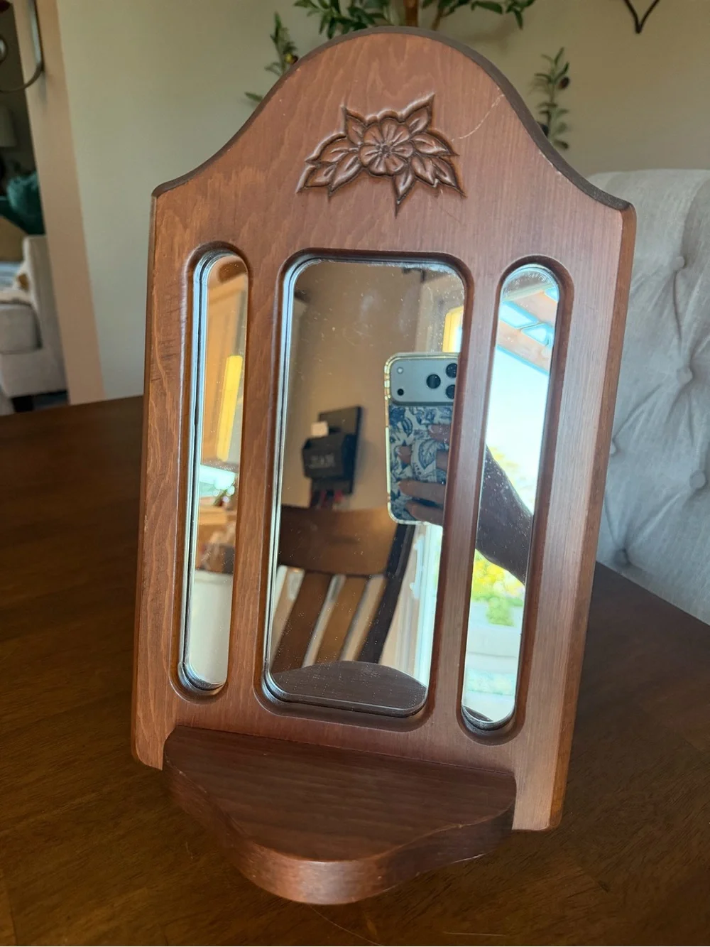Vintage Hand-Carved Wooden Wall Mirror with Built-In Display Shelf